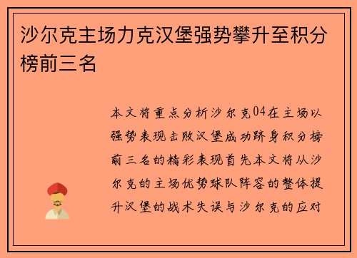 沙尔克主场力克汉堡强势攀升至积分榜前三名
