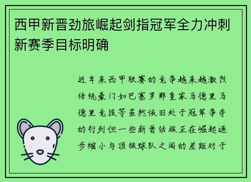 西甲新晋劲旅崛起剑指冠军全力冲刺新赛季目标明确