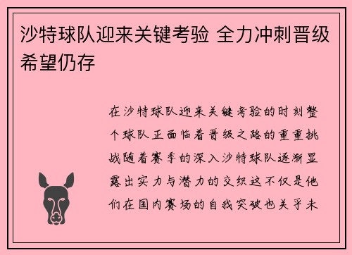 沙特球队迎来关键考验 全力冲刺晋级希望仍存